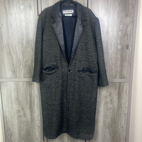 Vintage 80's Dual Control Tweed/Leather Maxi Trench Coat Women's M oversized - Picture 1 of 15
